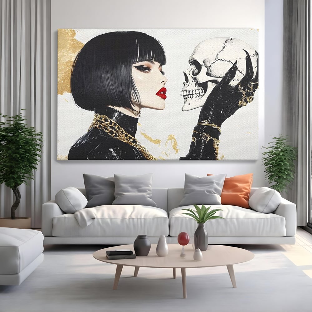 Tablou canvas cu ilustratie digitala cu femeie si craniu, fara rama, pe sasiu de lemn, pe perete intr-un living